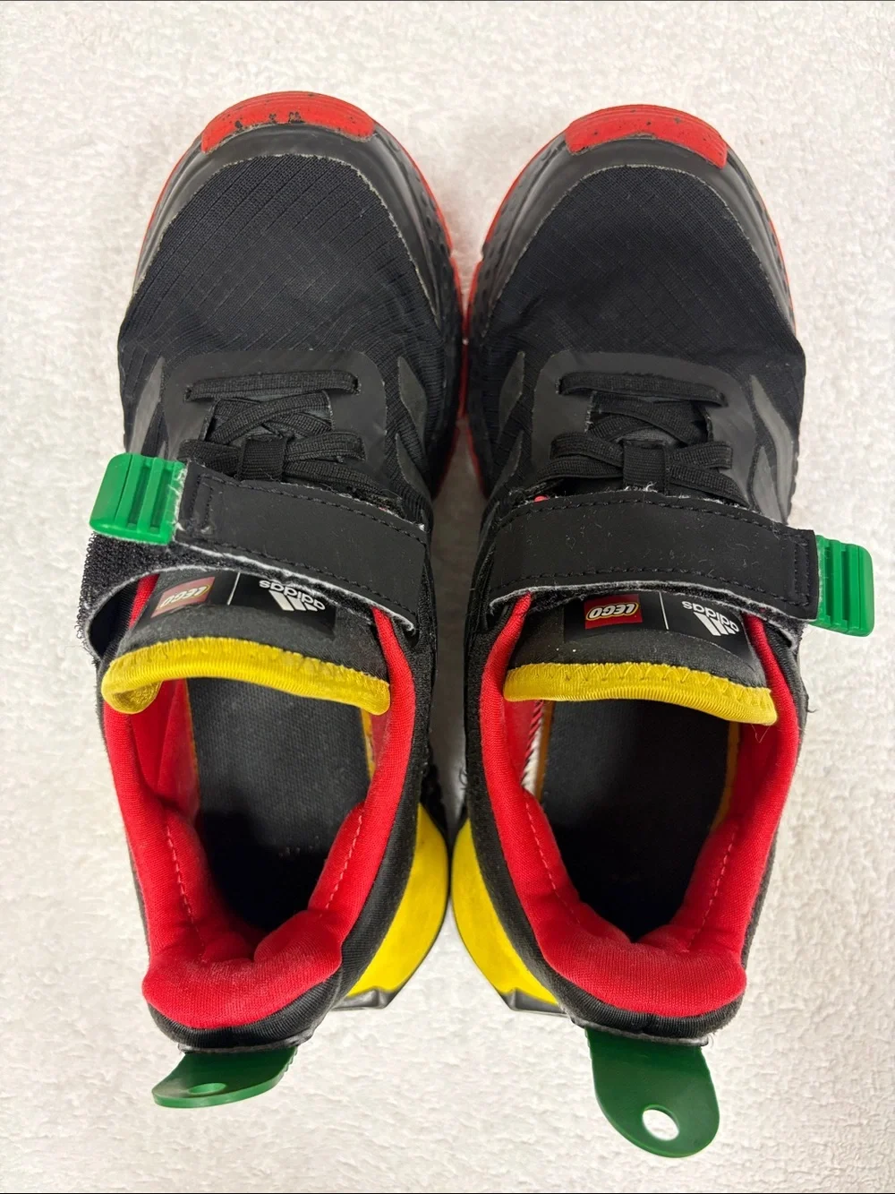 adidas Lego dna Kids Black Sneakers with Red, Yellow Green Accents no tie size 2